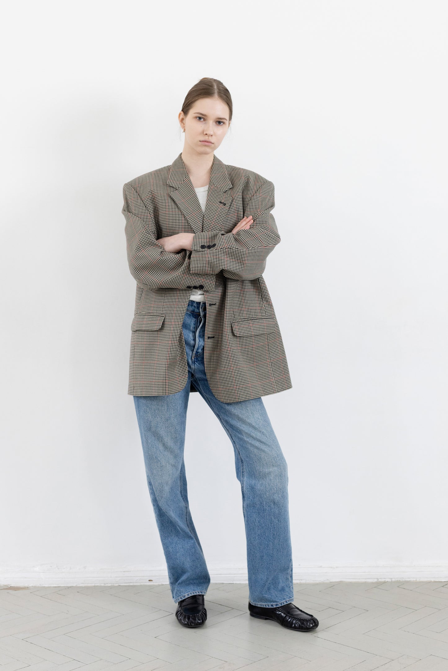 Vintage Beige Houndstooth Wool Blazer