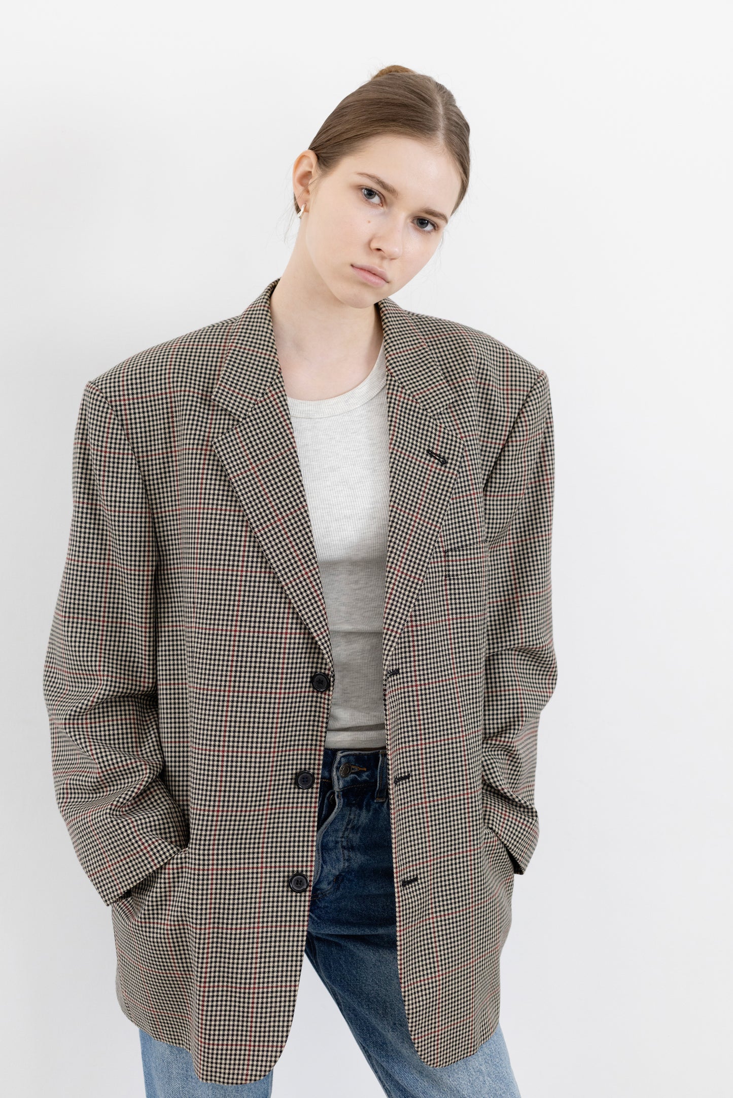 Vintage Beige Houndstooth Wool Blazer