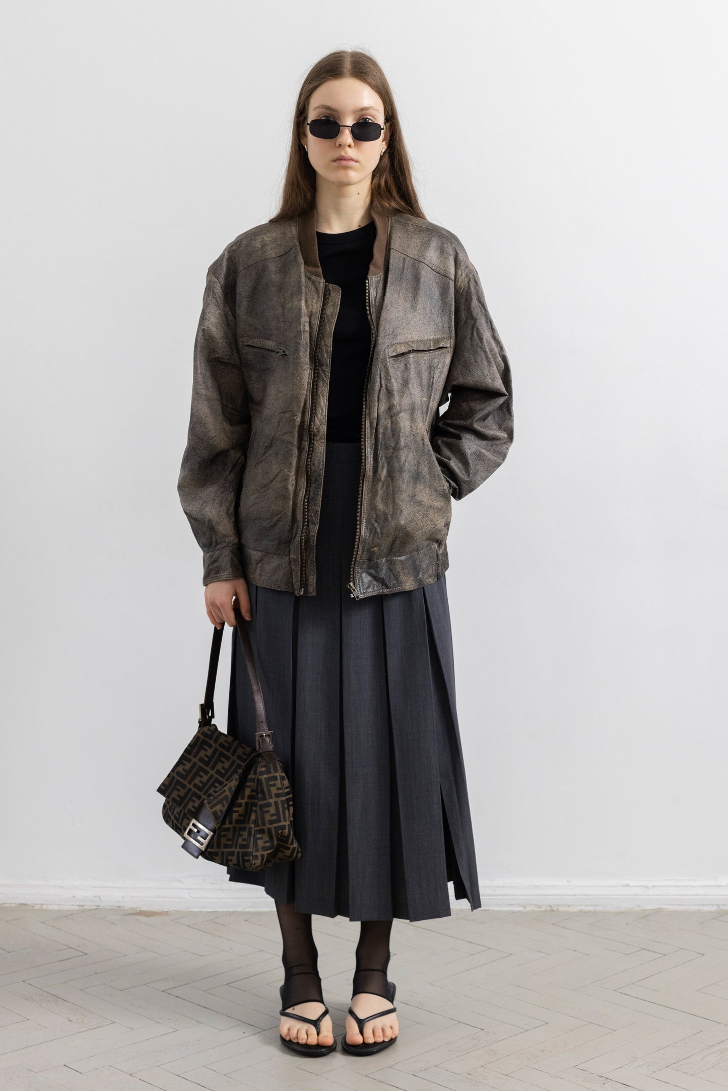 Vintage Brown Distressed Leather Bomber Jacket