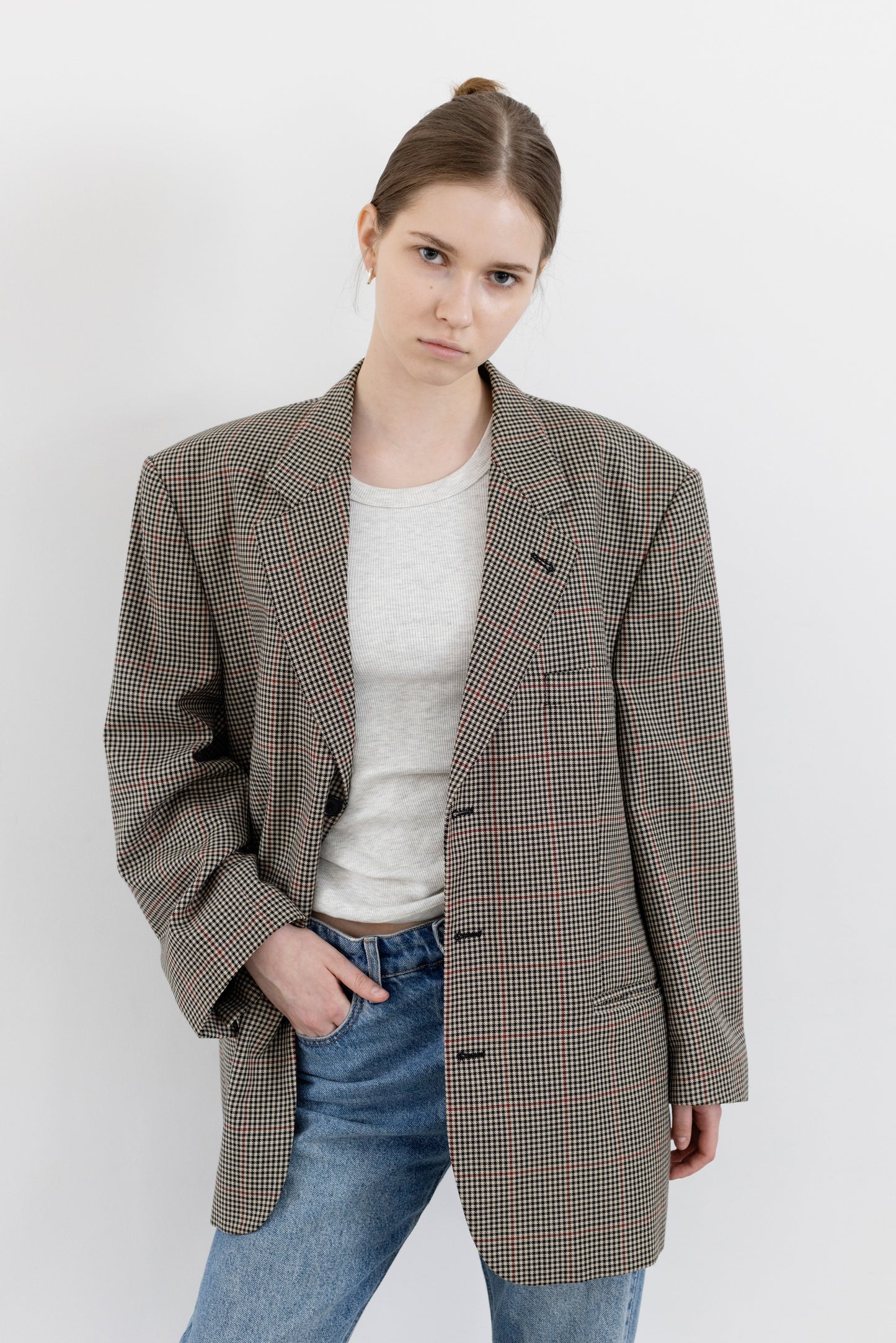 Vintage Beige Houndstooth Wool Blazer