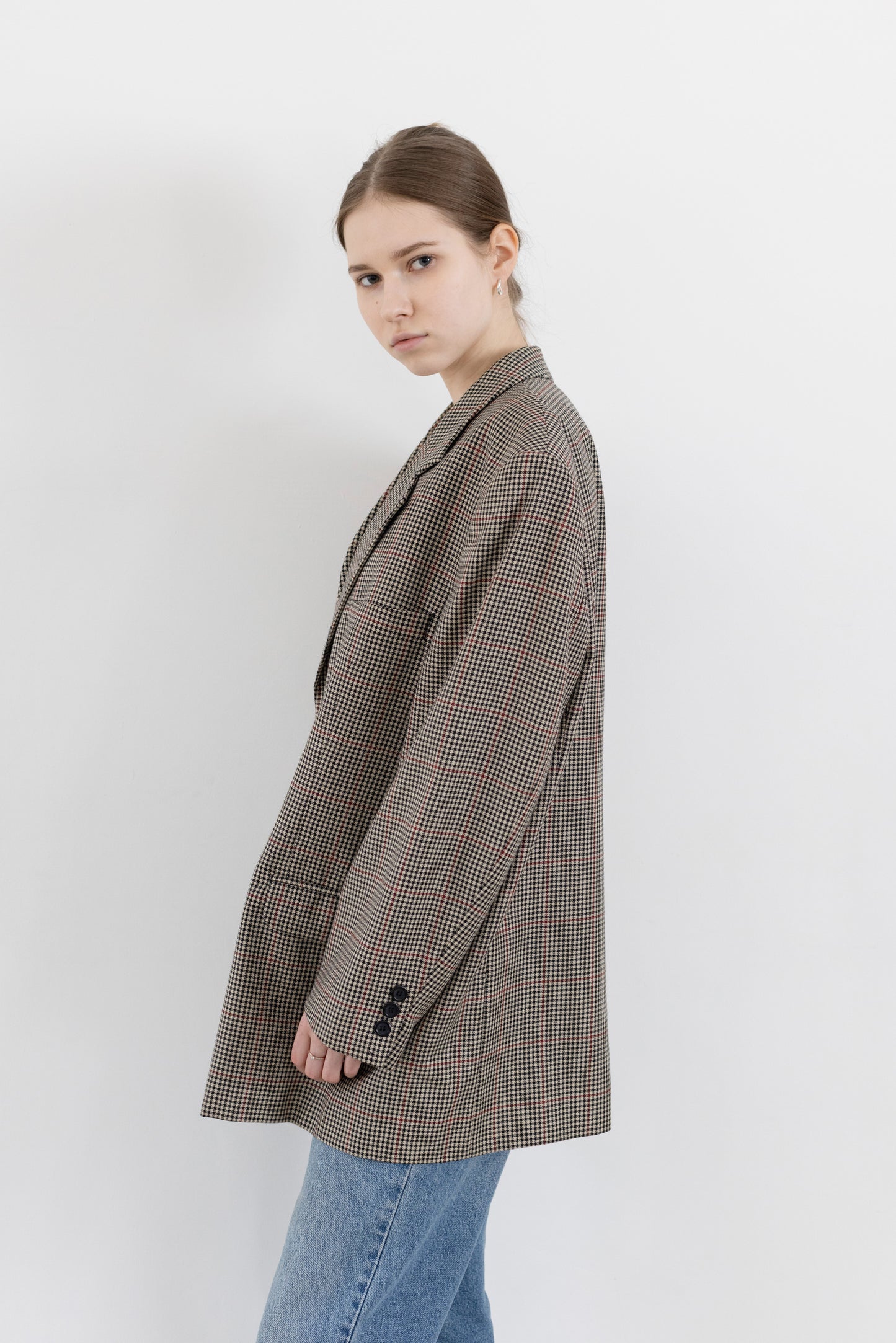 Vintage Beige Houndstooth Wool Blazer
