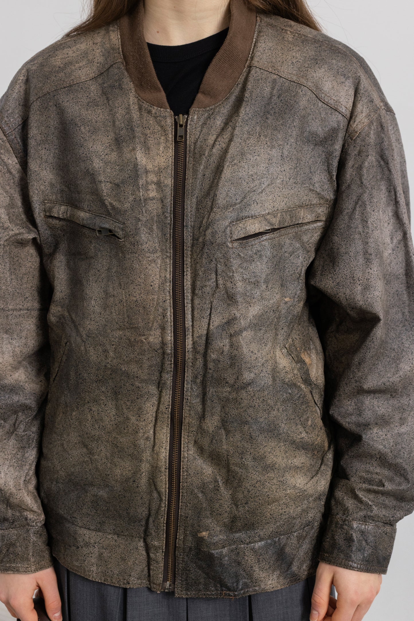 Vintage Brown Distressed Leather Bomber Jacket
