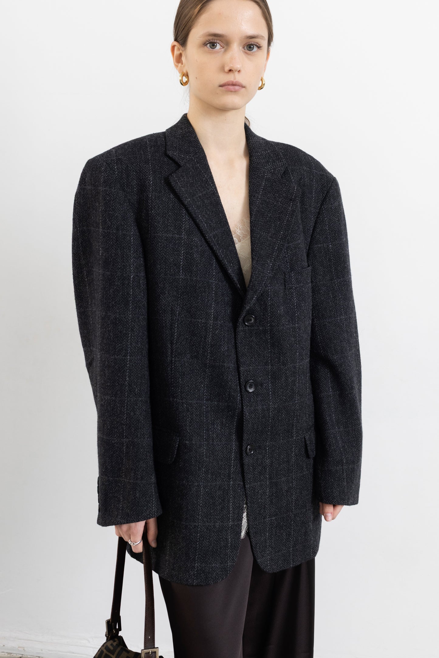 Vintage Dark Grey Windowpane 100% Wool Blazer