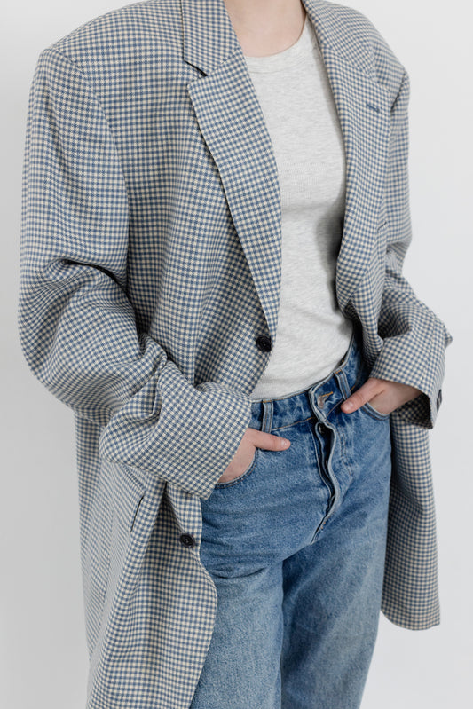 Vintage Baby Blue Houndstooth Silk Wool Blazer
