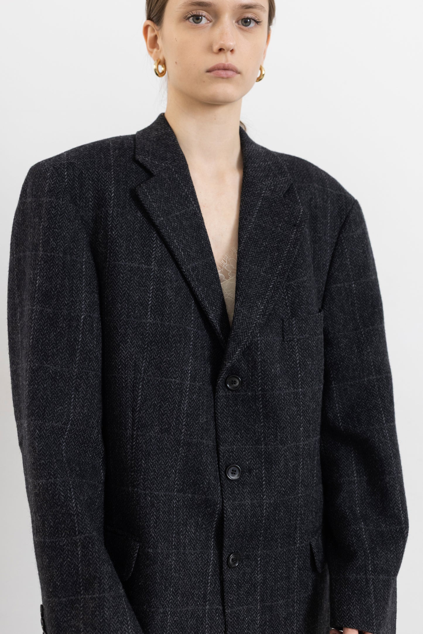 Vintage Dark Grey Windowpane 100% Wool Blazer