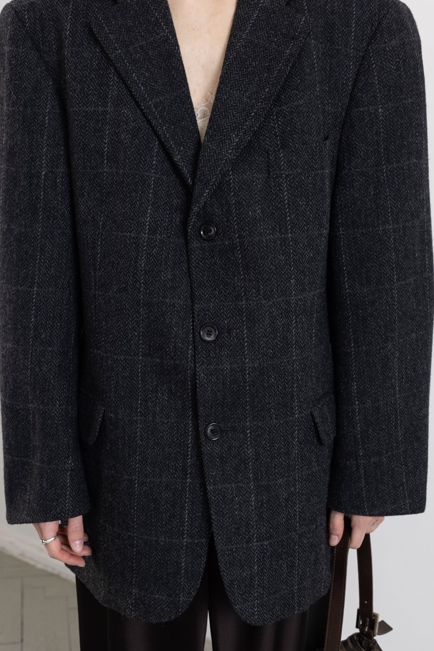 Vintage Dark Grey Windowpane 100% Wool Blazer