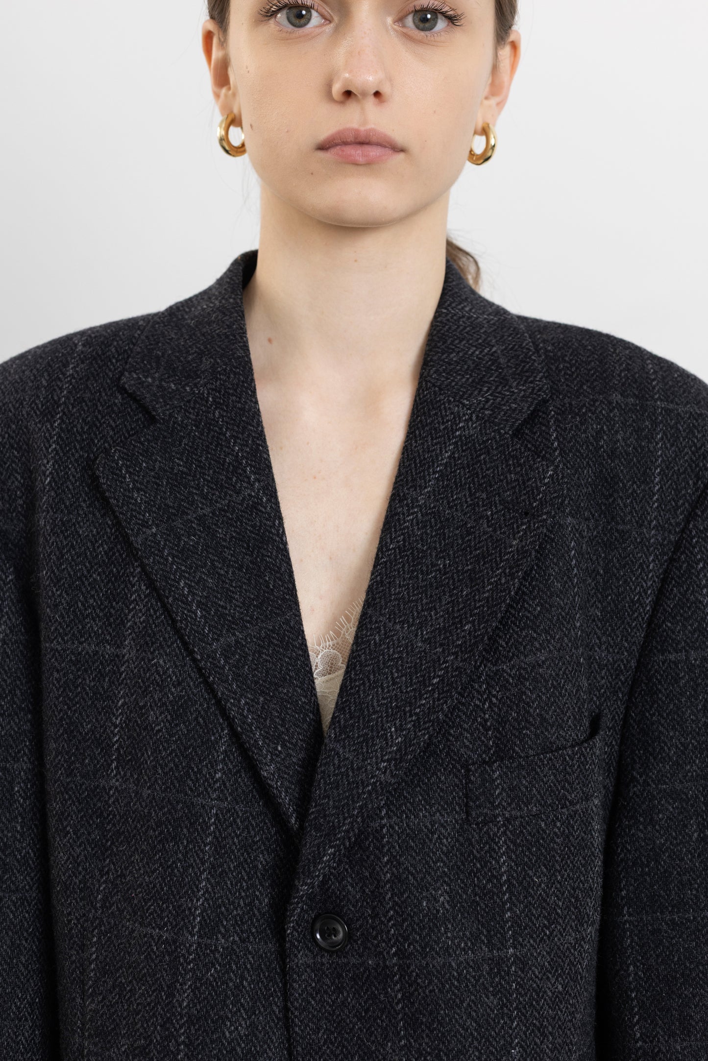 Vintage Dark Grey Windowpane 100% Wool Blazer