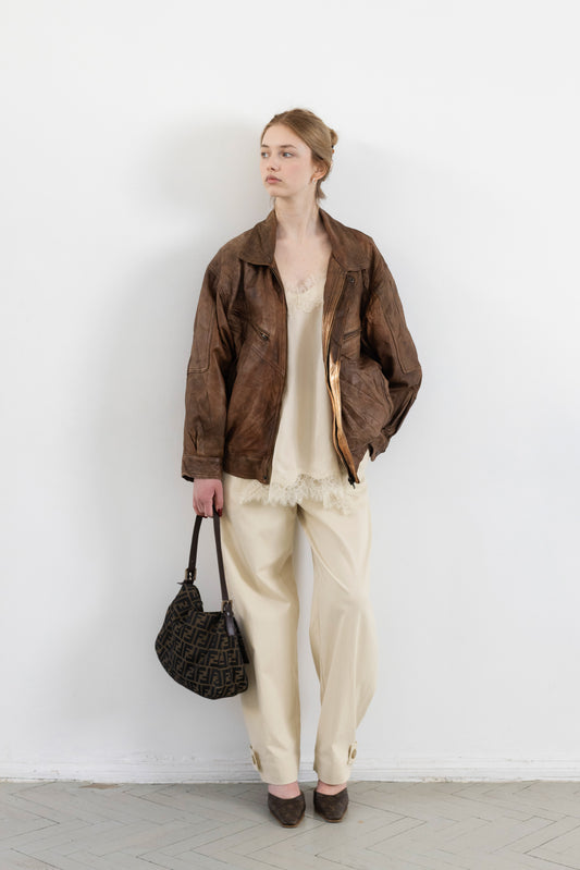 Vintage Brown Soft Leather Bomber Jacket