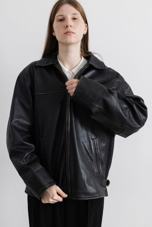 Vintage Black Boxy Leather Jacket With Faded Seams