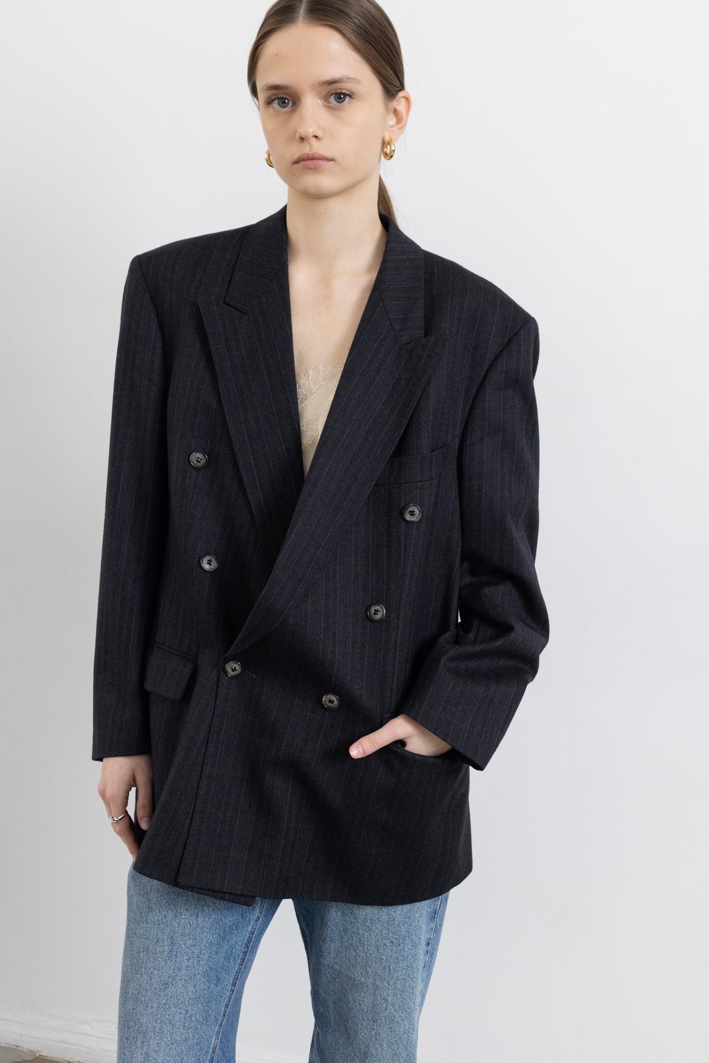 Vintage Dark Grey Plaid 100% Wool Blazer