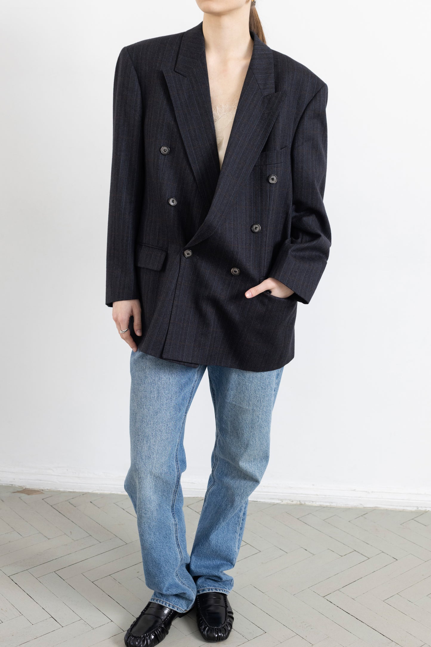 Vintage Dark Grey Plaid 100% Wool Blazer