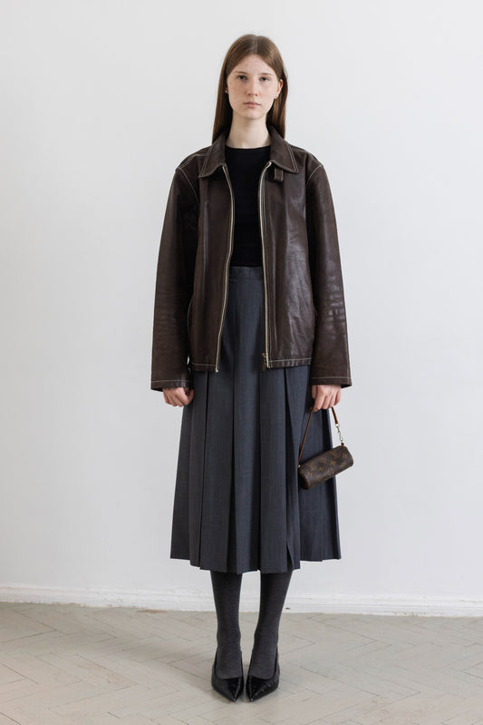 Vintage Brown Boxy Leather Jacket With Contrasting Stitching