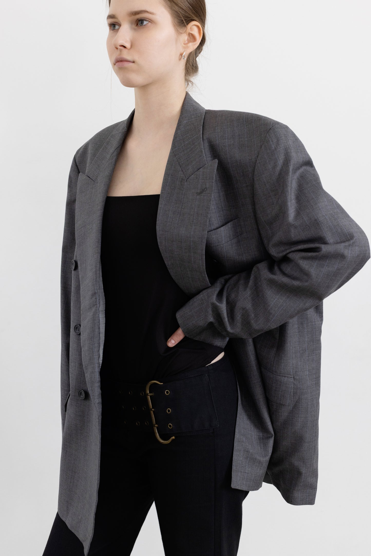 Vintage Grey Striped 100% Wool Blazer