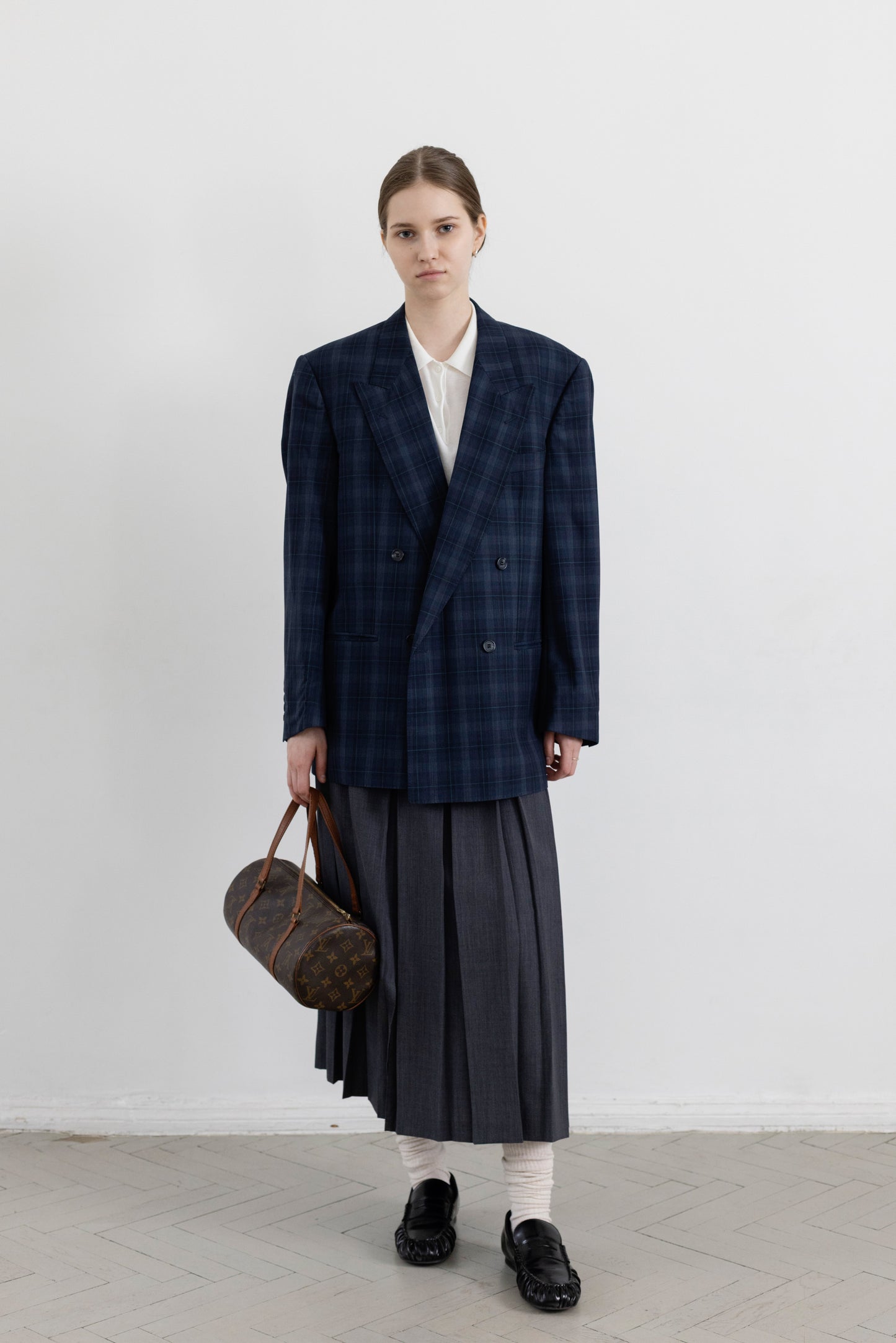 Vintage Navy Plaid 100% Wool Blazer