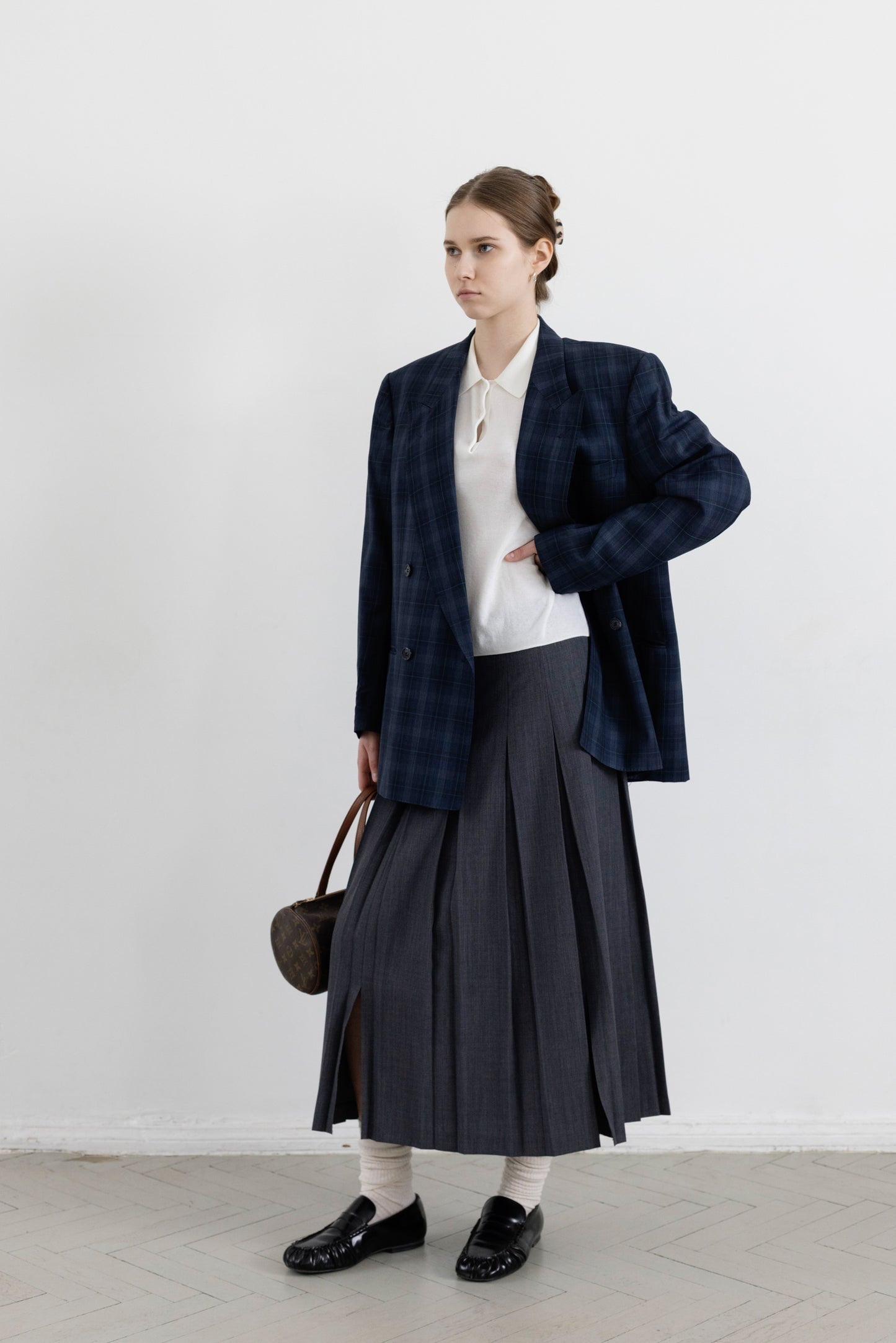 Vintage Navy Plaid 100% Wool Blazer