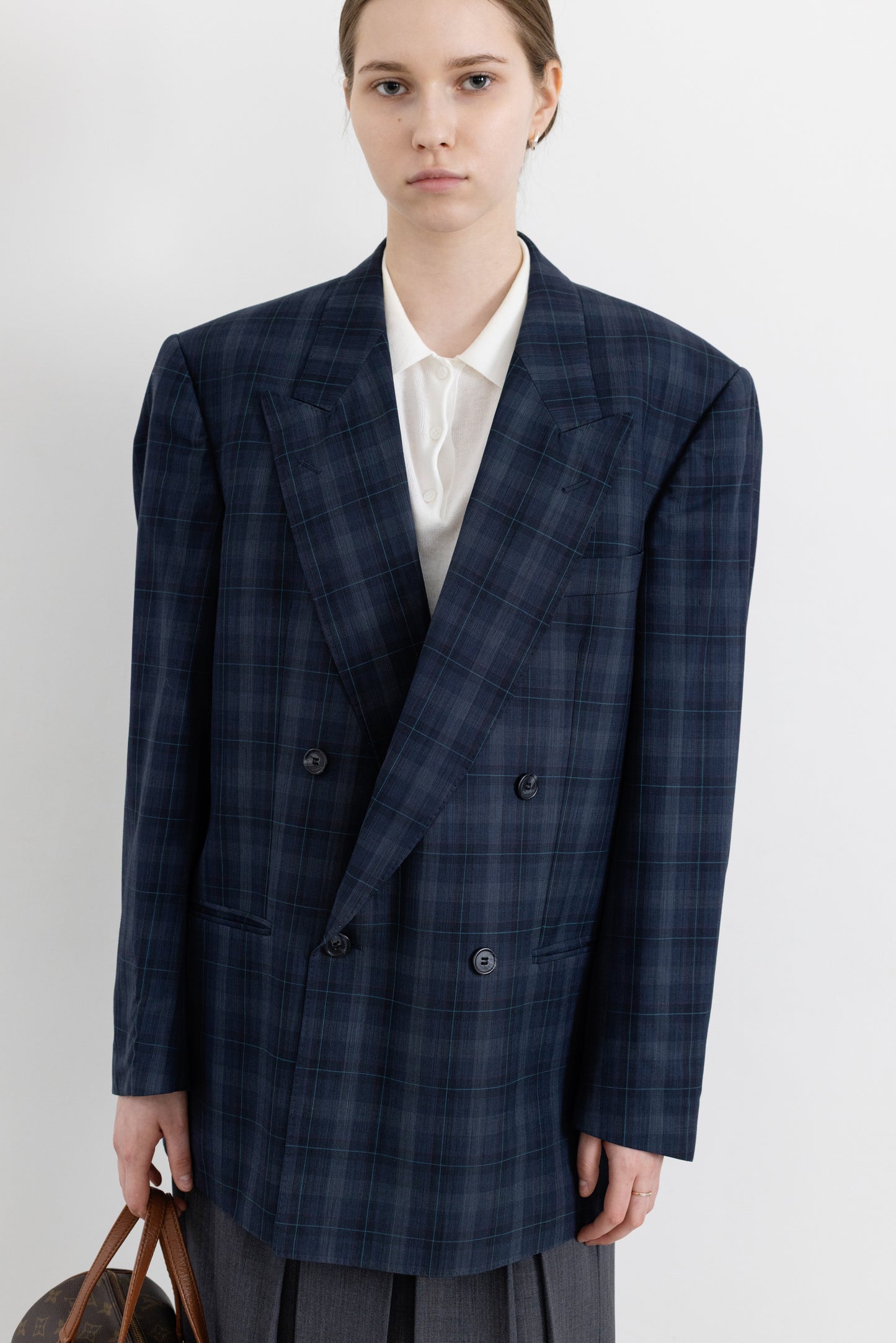 Vintage Navy Plaid 100% Wool Blazer