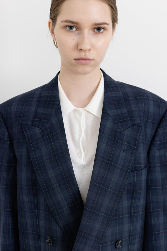 Vintage Navy Plaid 100% Wool Blazer