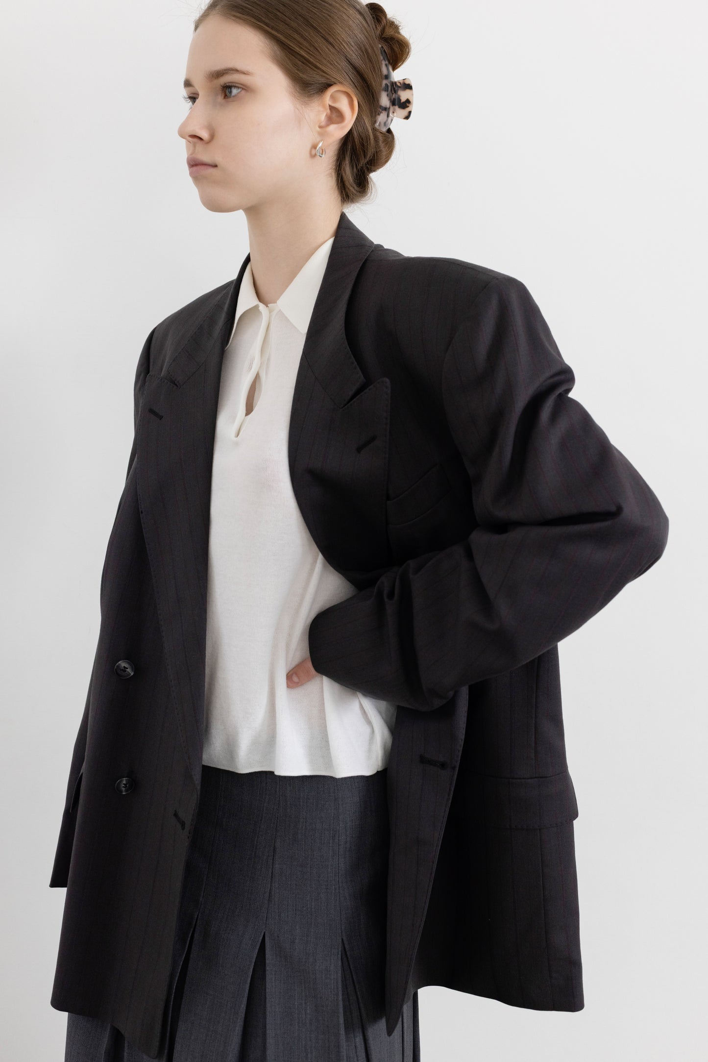 Vintage Dark Grey Striped 100% Wool Blazer