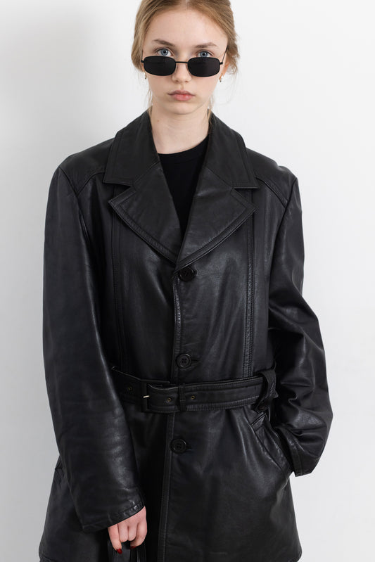 Vintage Black Leather Jacket With Belt