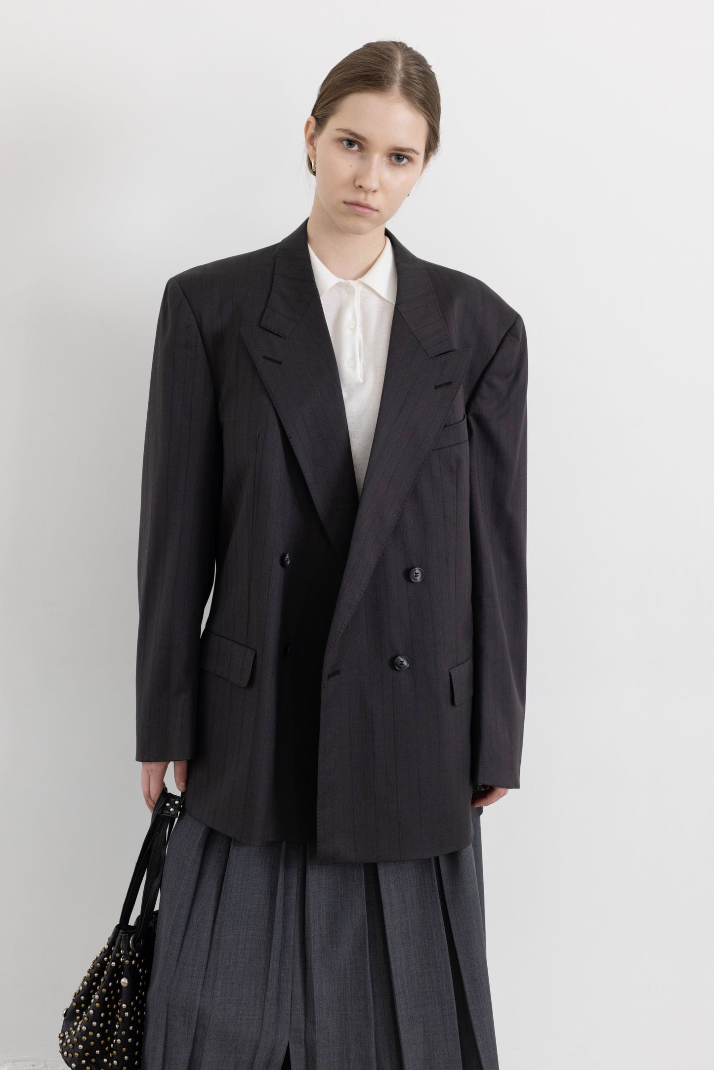 Vintage Dark Grey Striped 100% Wool Blazer