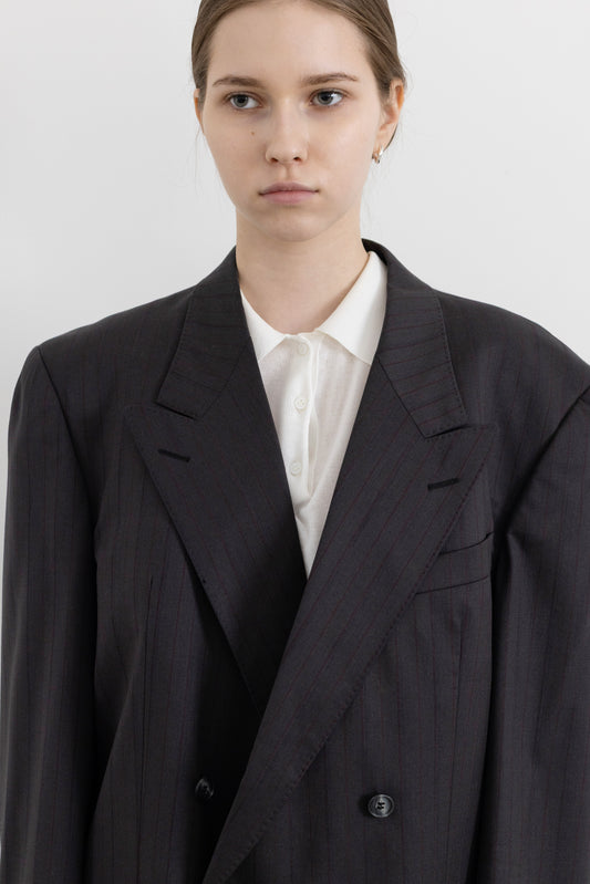 Vintage Dark Grey Striped 100% Wool Blazer