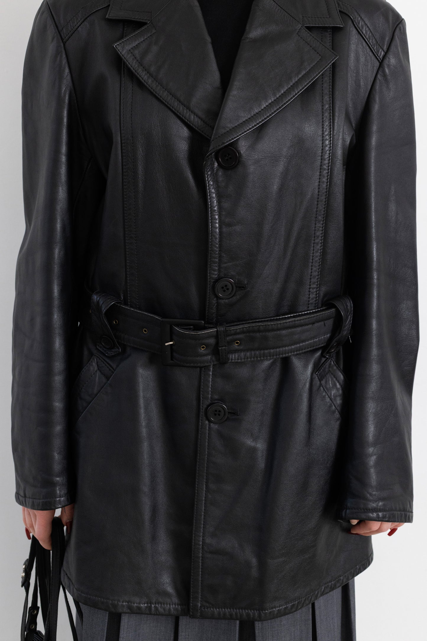 Vintage Black Leather Jacket With Belt