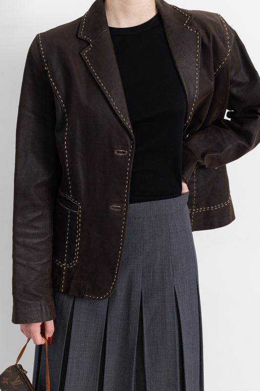 Vintage Brown Leather Jacket With Contrasting Stitching