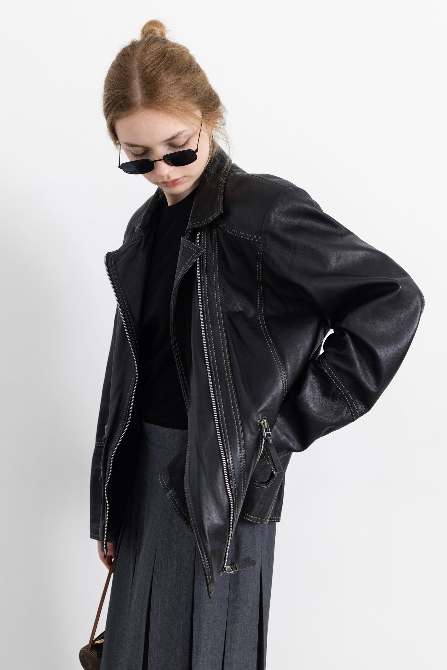 Vintage Black Soft Leather Jacket With Contrasting Stitching