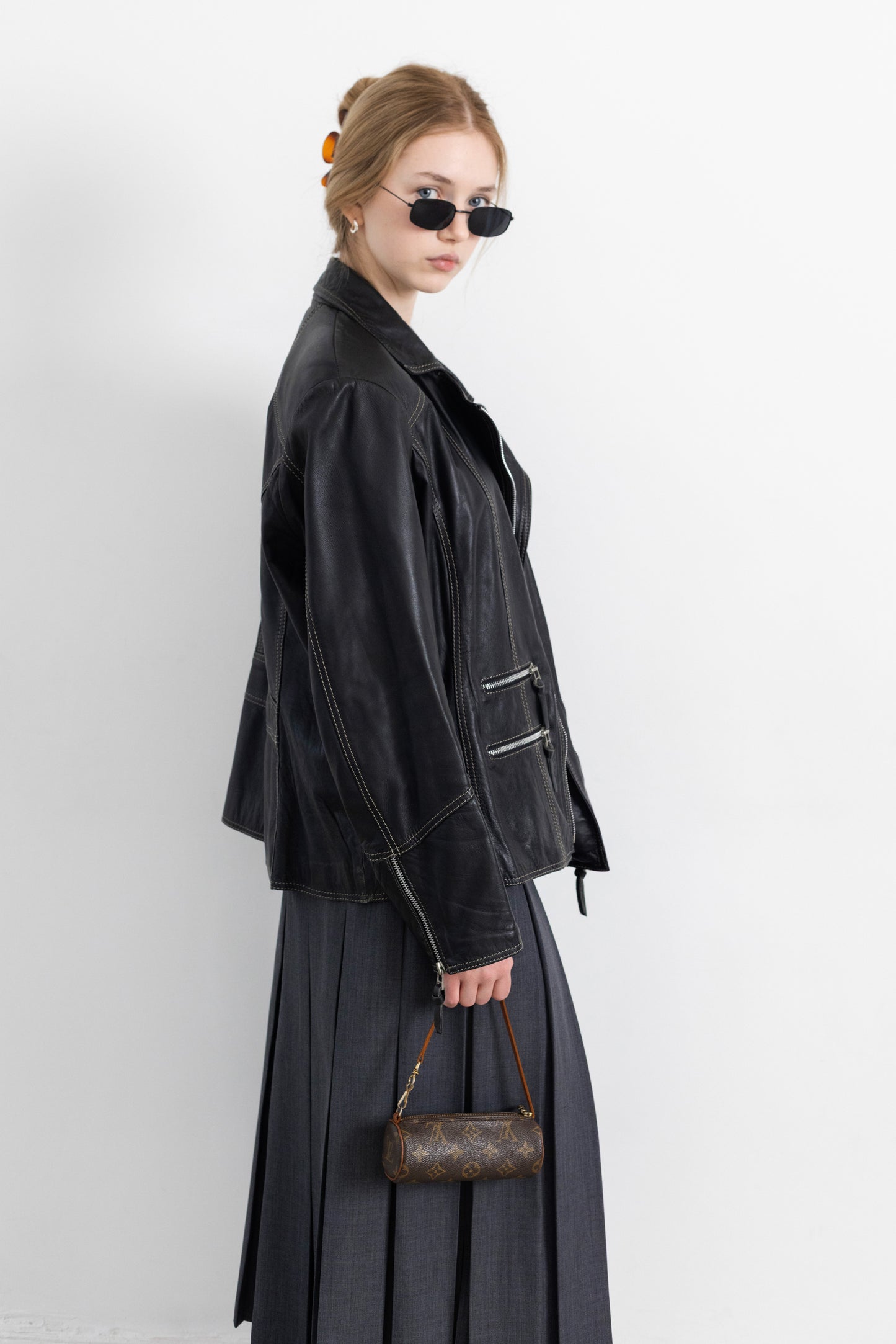 Vintage Black Soft Leather Jacket With Contrasting Stitching