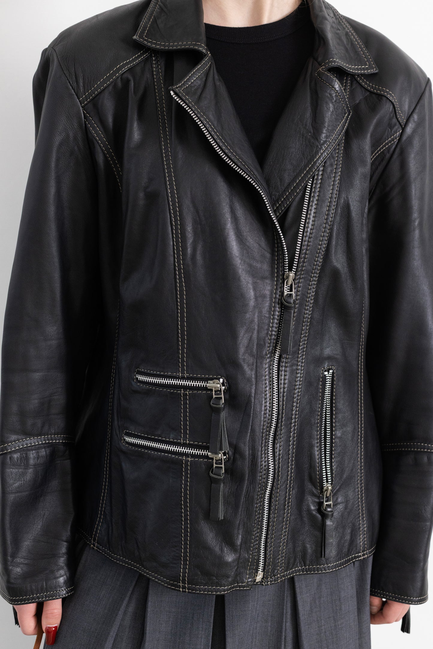 Vintage Black Soft Leather Jacket With Contrasting Stitching