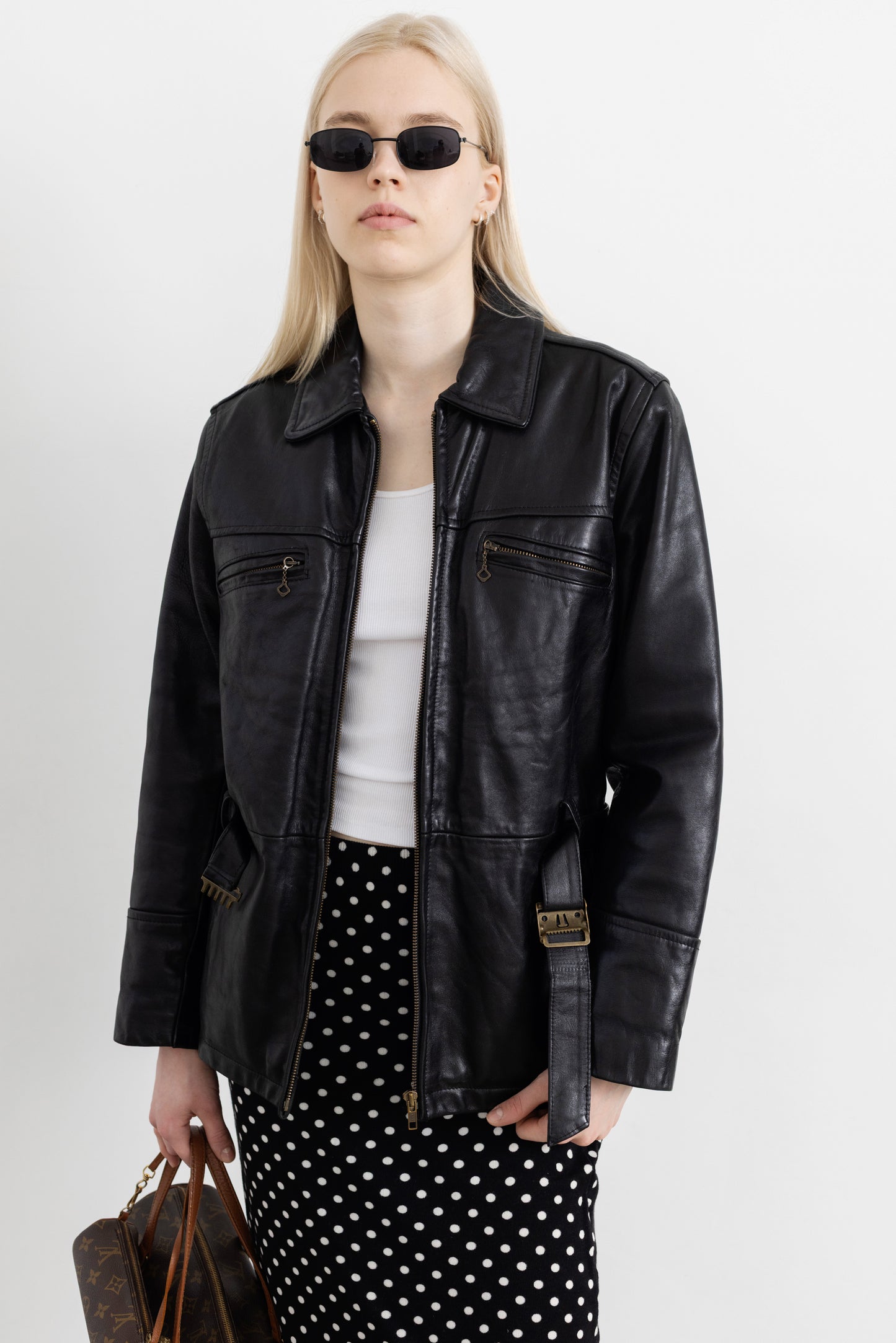 Vintage Black Leather Belted Jacket