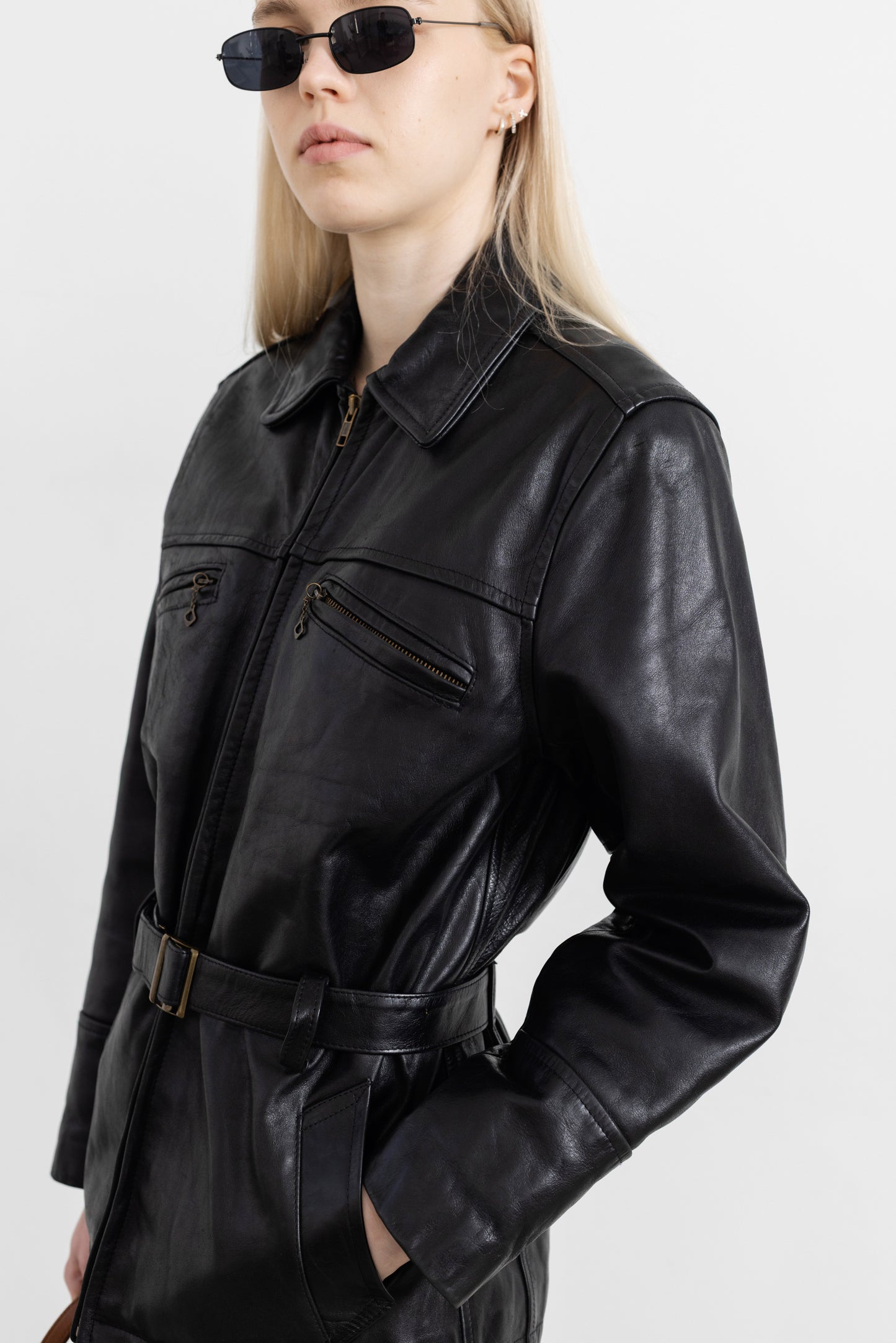 Vintage Black Leather Belted Jacket