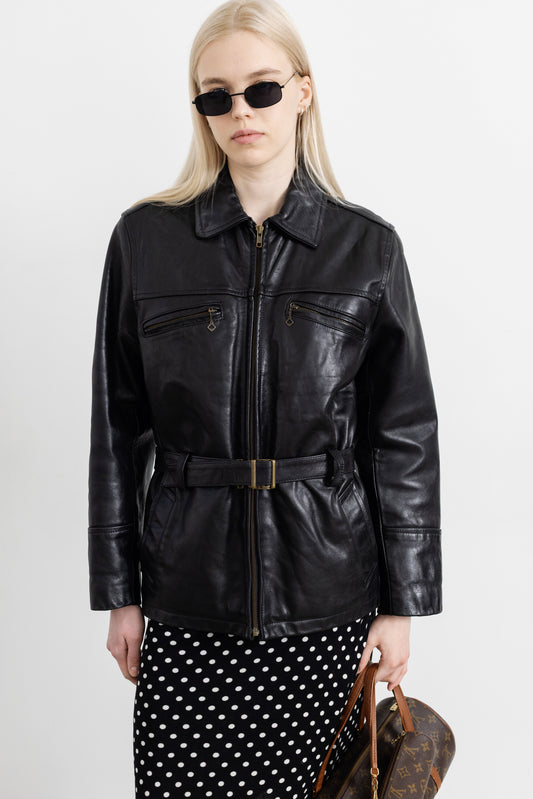 Vintage Black Leather Belted Jacket