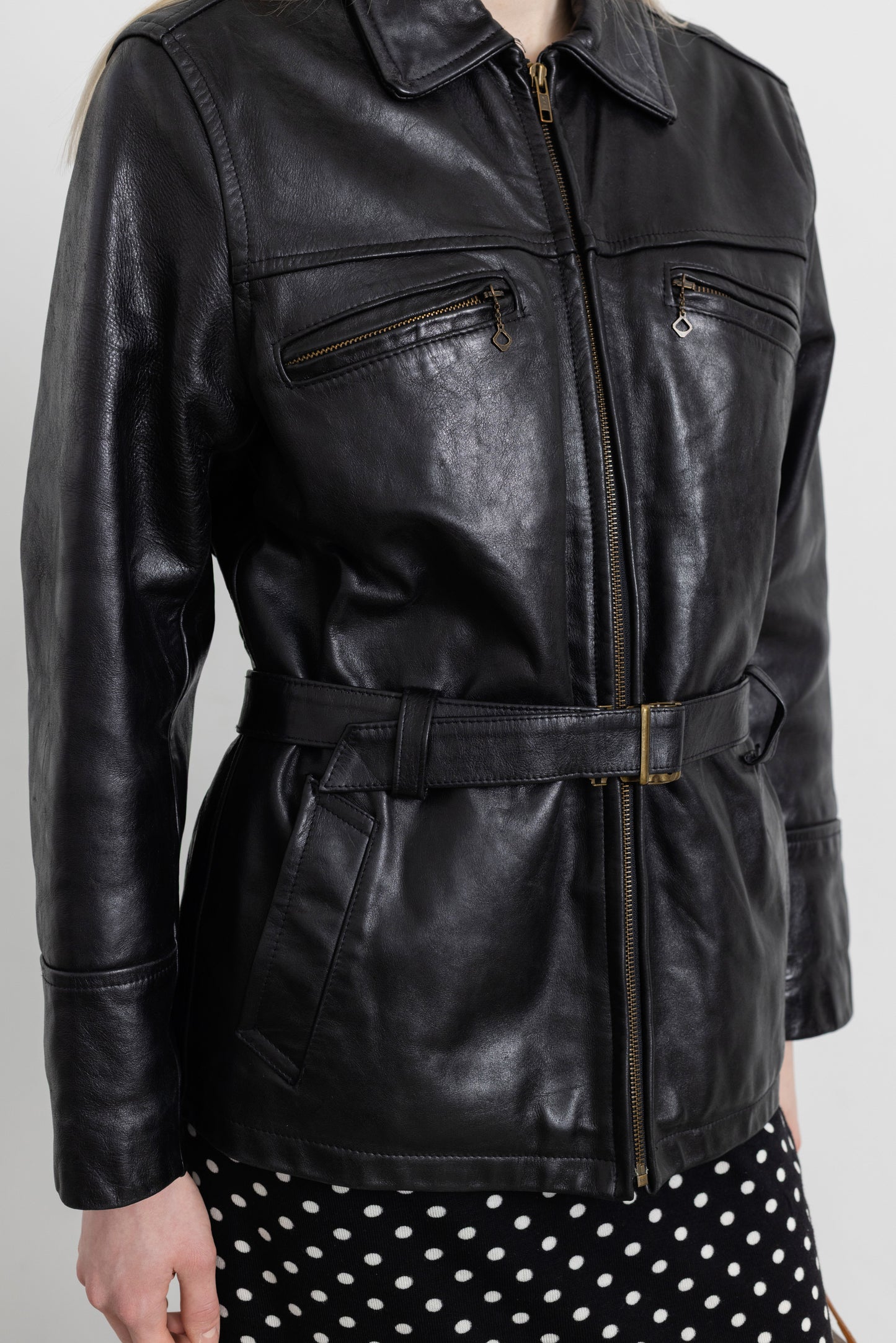 Vintage Black Leather Belted Jacket