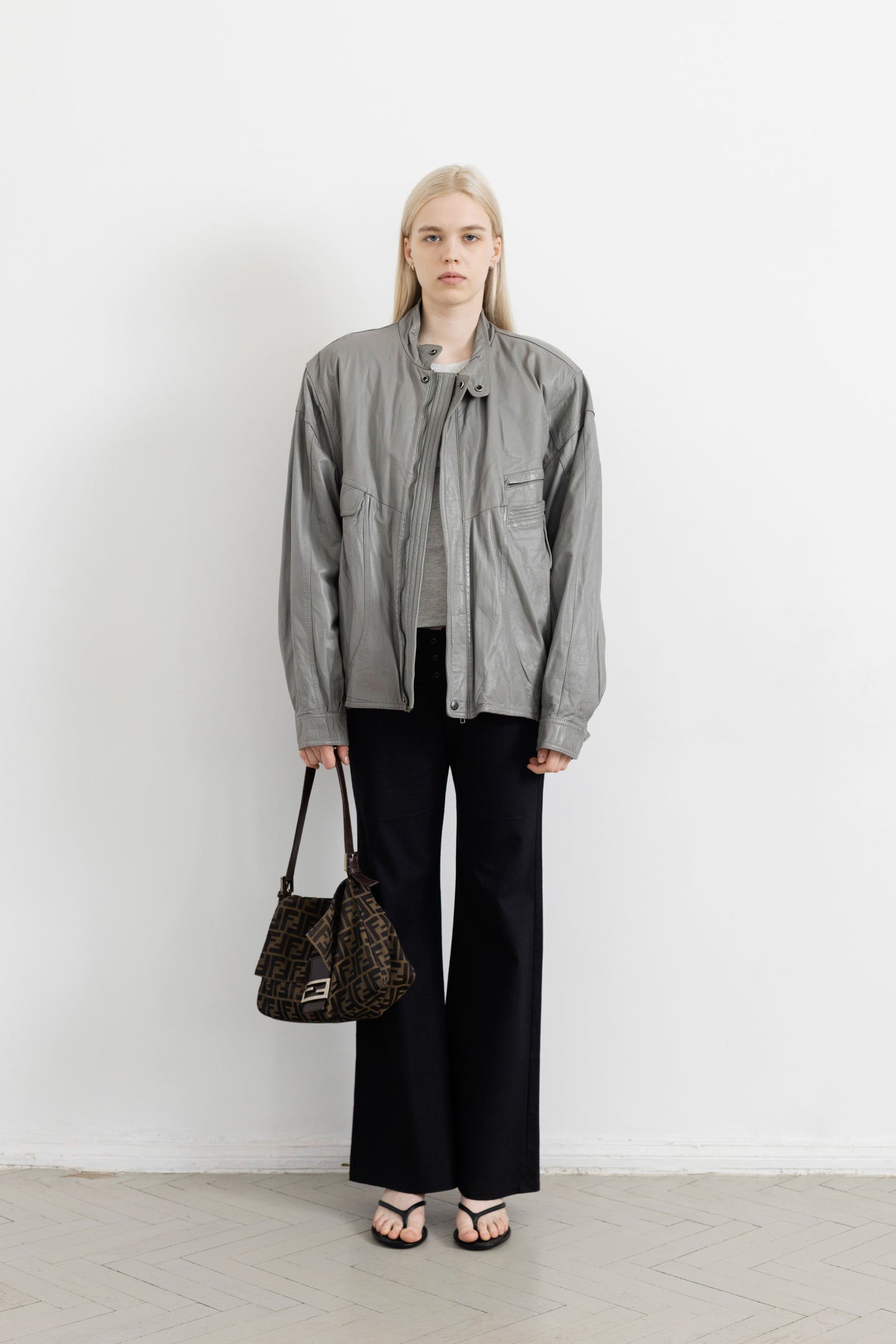 Vintage Grey Leather Bomber Jacket