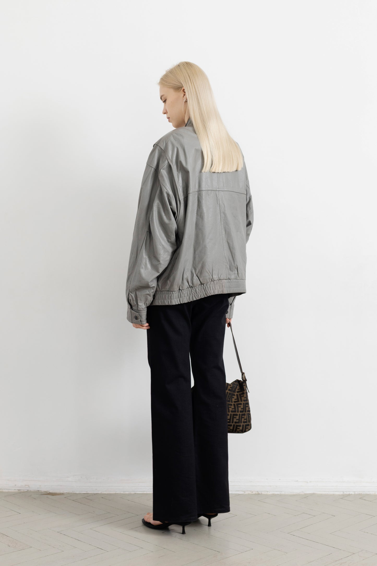Vintage Grey Leather Bomber Jacket