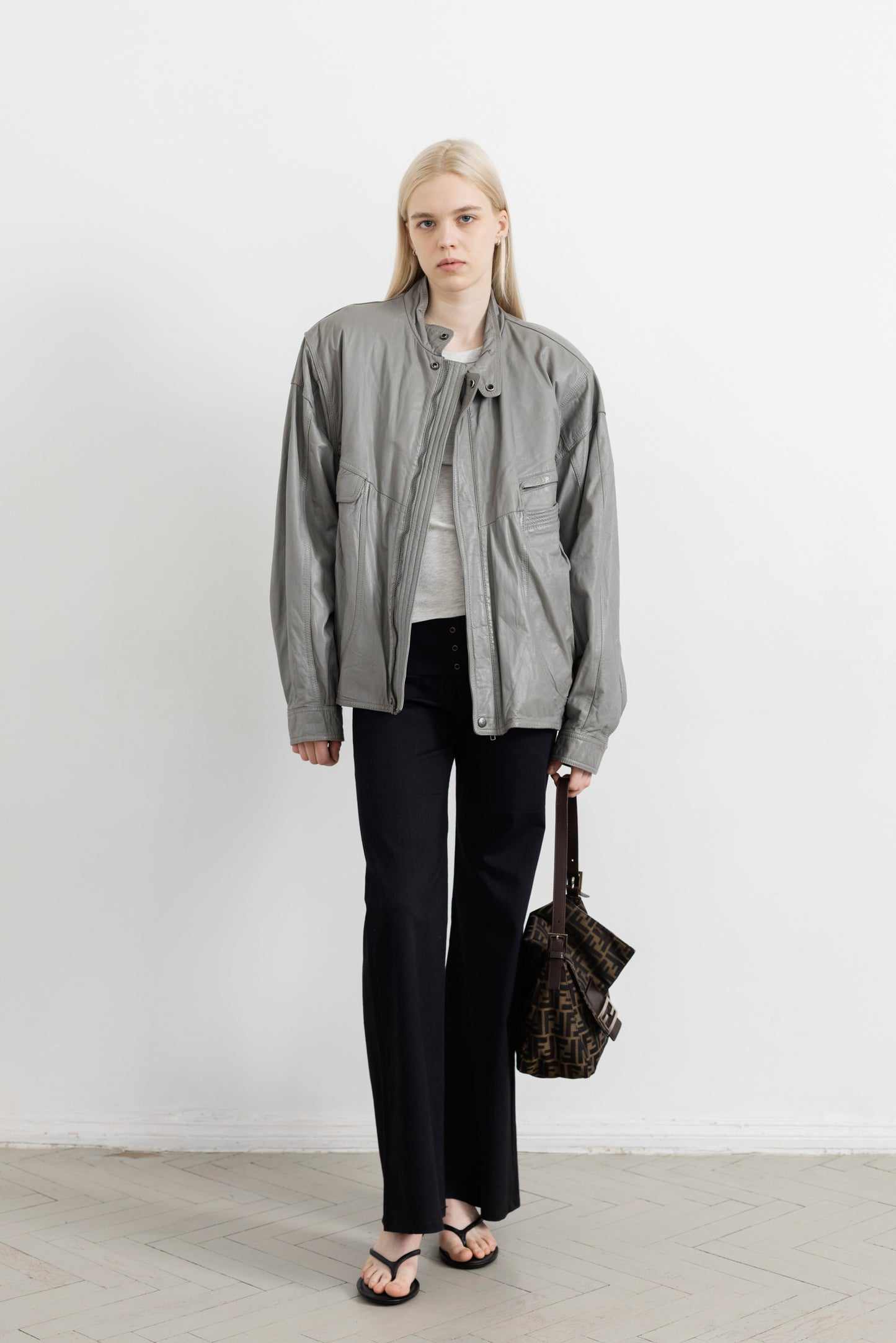 Vintage Grey Leather Bomber Jacket