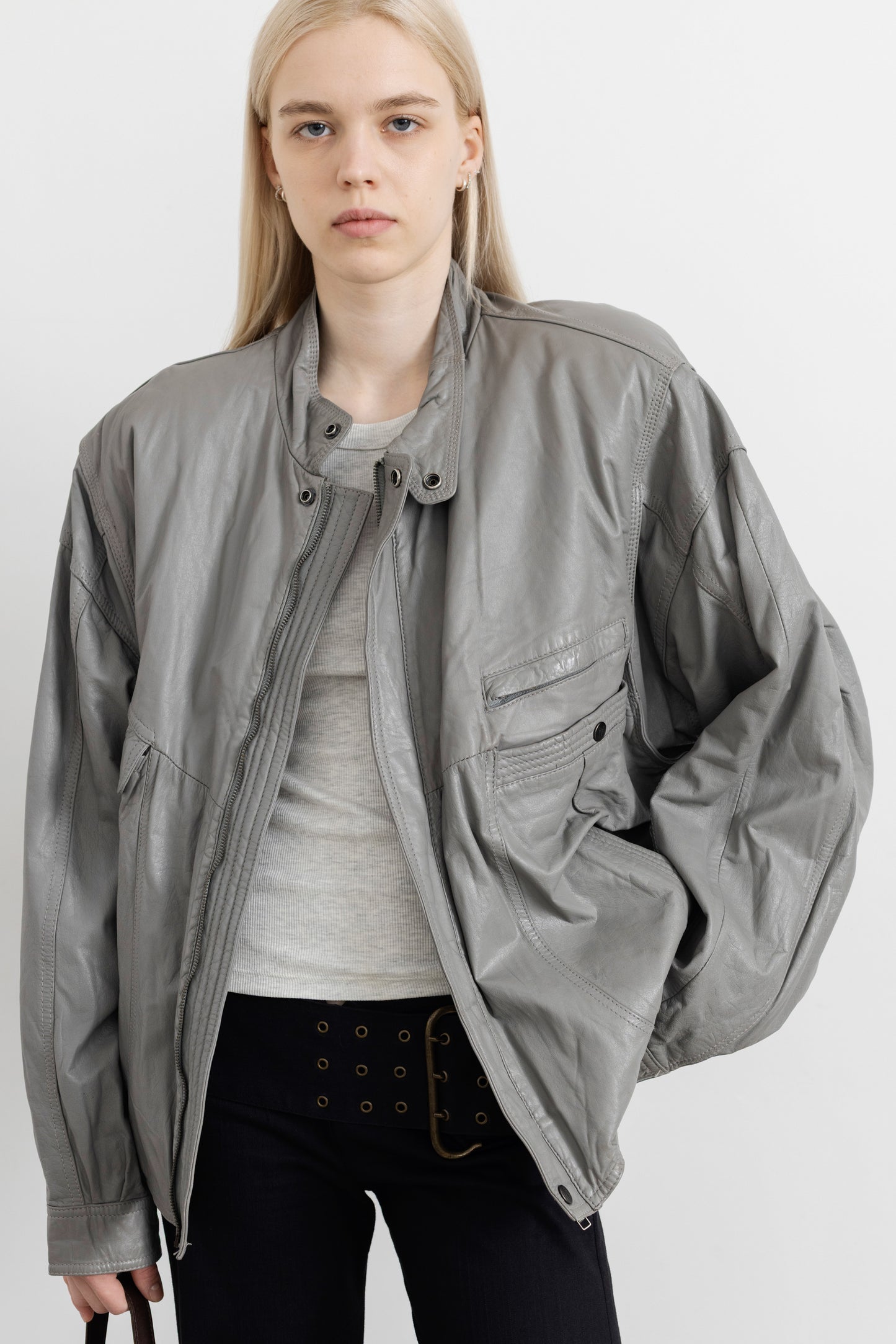 Vintage Grey Leather Bomber Jacket