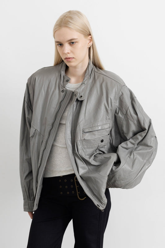 Vintage Grey Leather Bomber Jacket