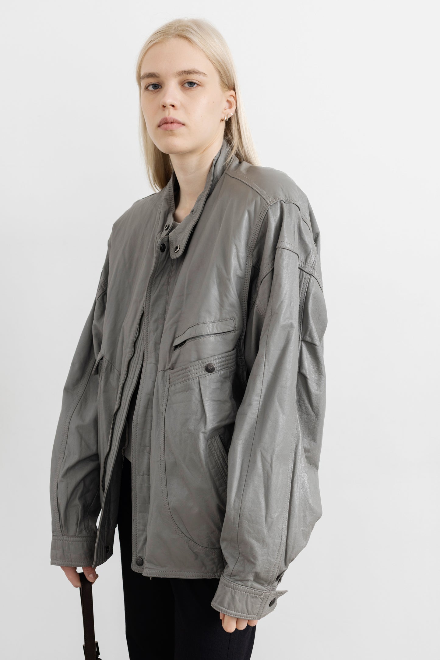Vintage Grey Leather Bomber Jacket