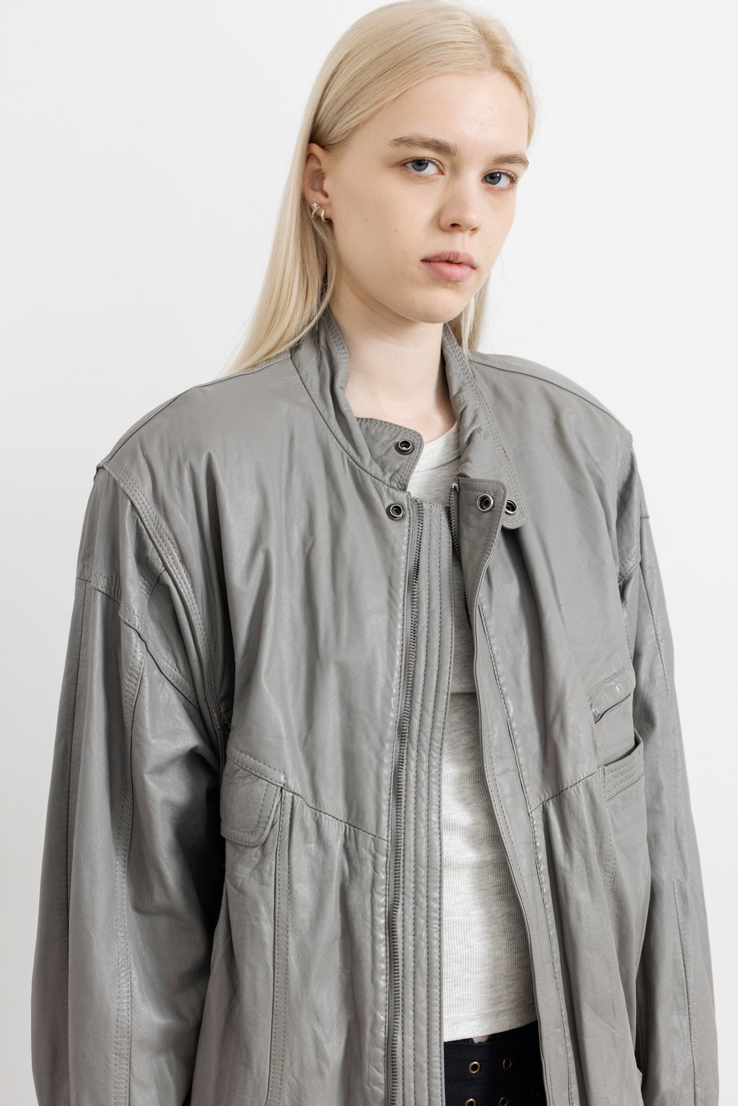 Vintage Grey Leather Bomber Jacket