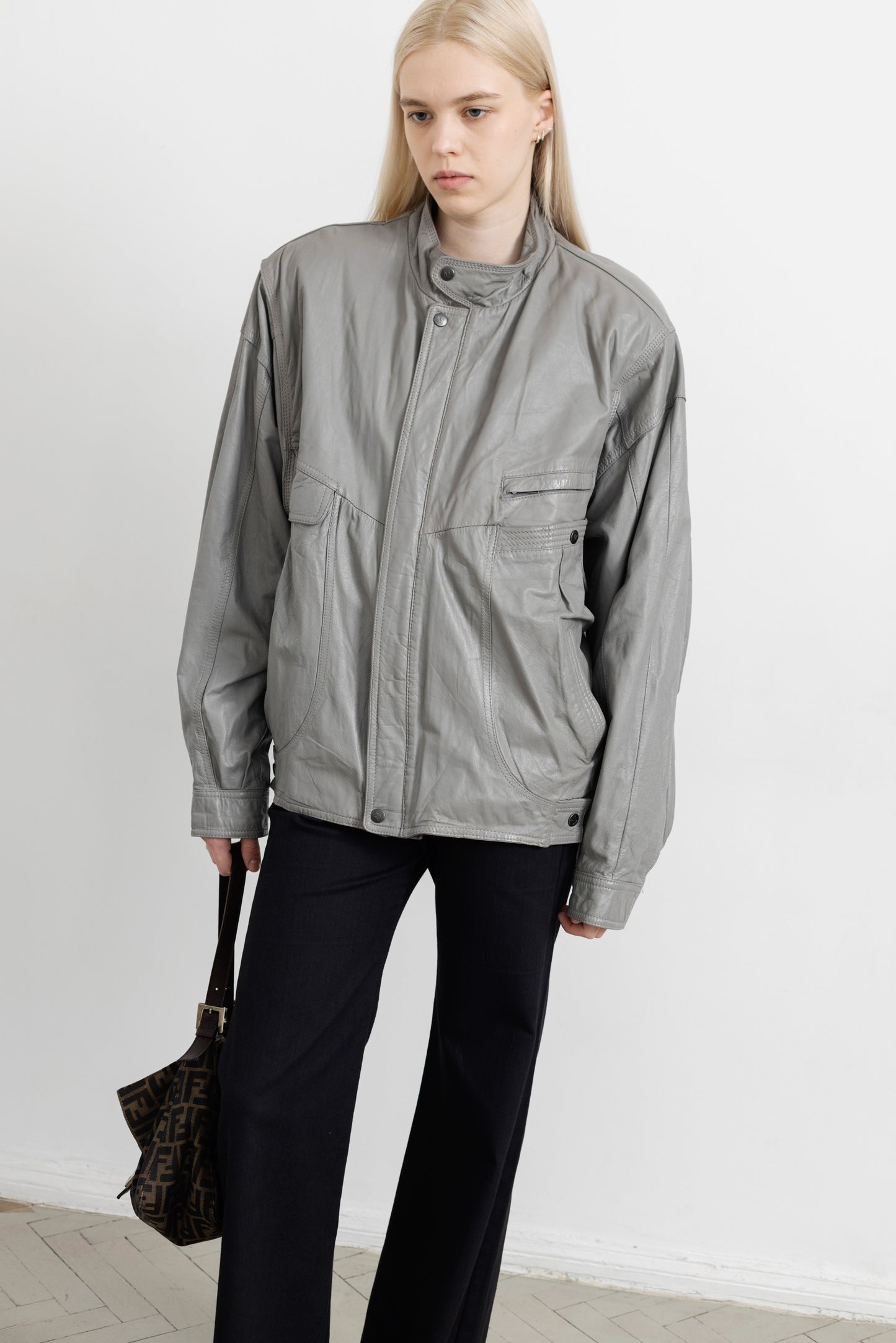 Vintage Grey Leather Bomber Jacket