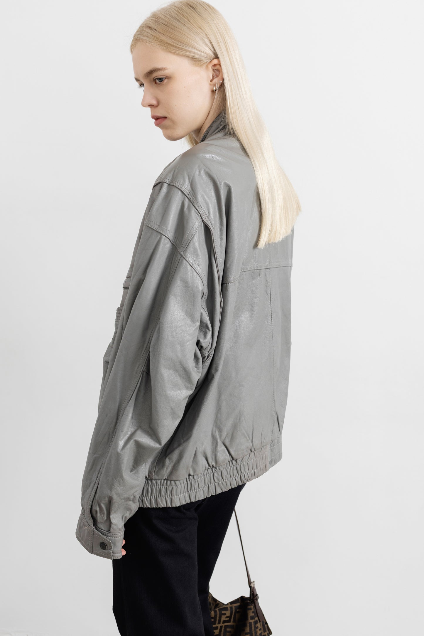 Vintage Grey Leather Bomber Jacket