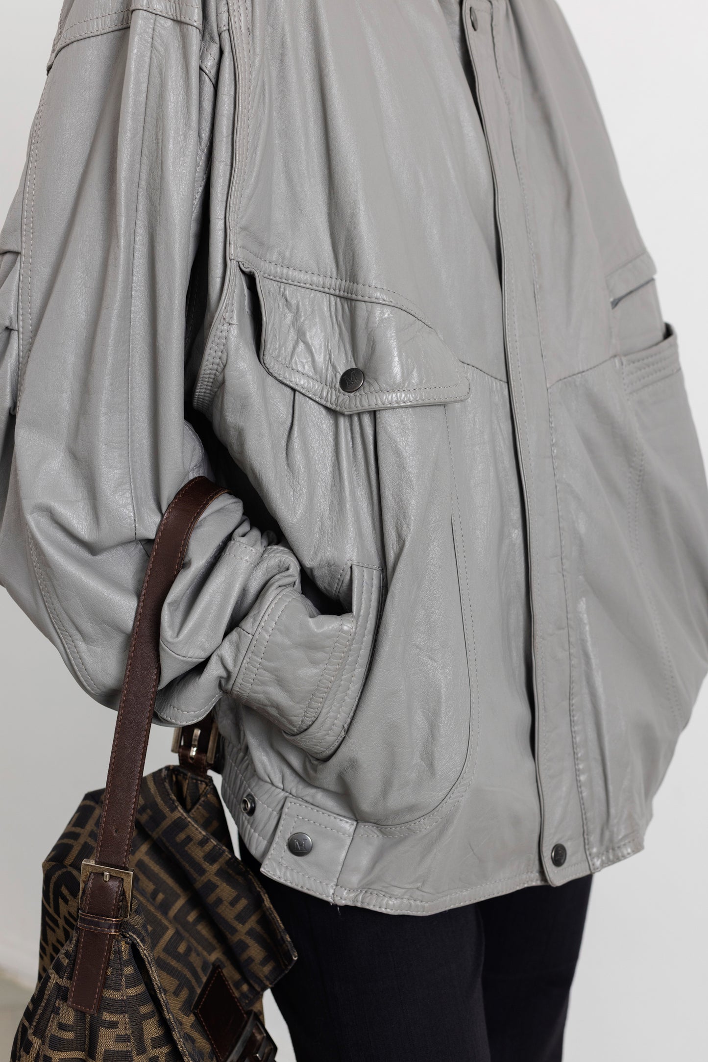 Vintage Grey Leather Bomber Jacket
