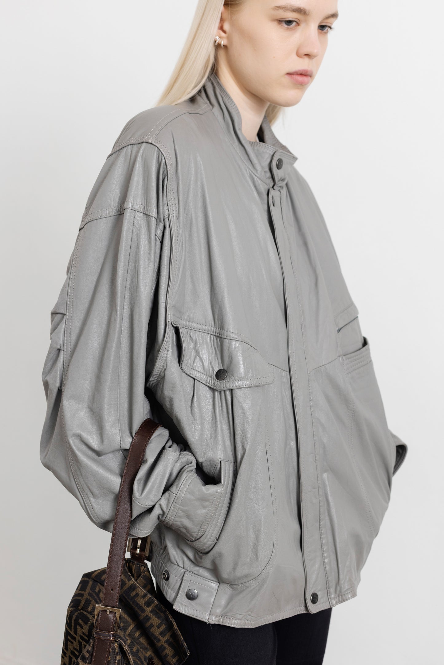 Vintage Grey Leather Bomber Jacket