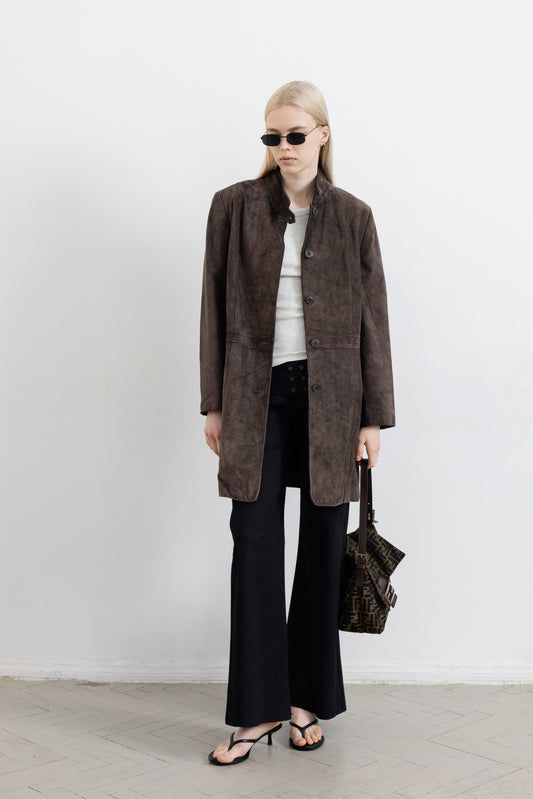 Vintage Long Brown Suede Leather Jacket