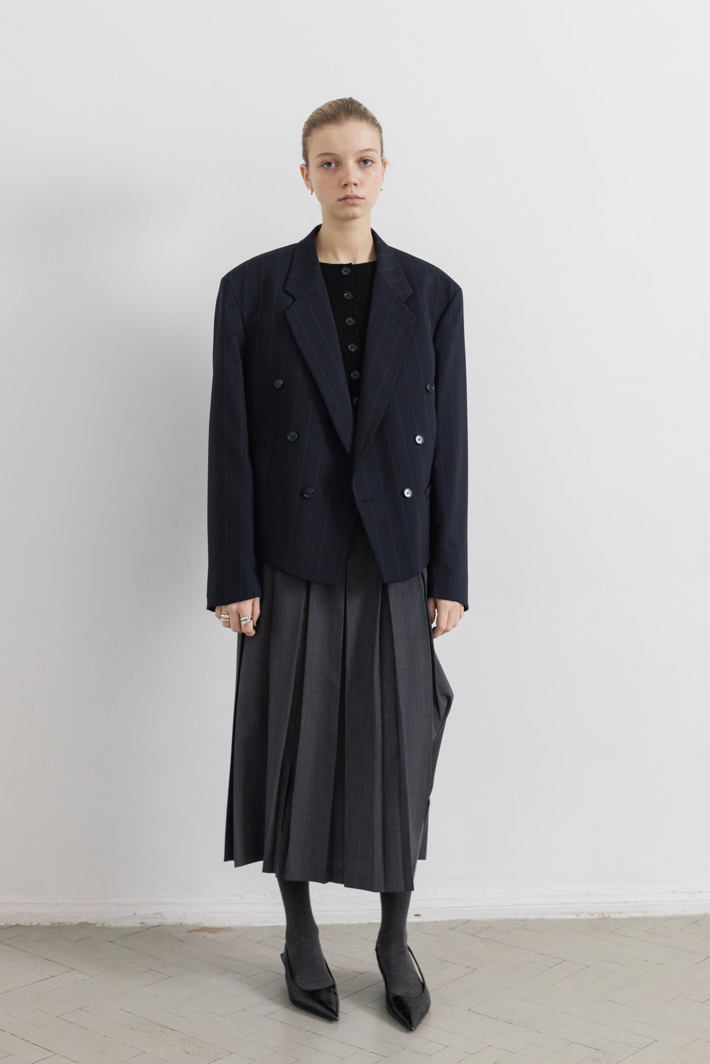 Vintage Cropped Navy Striped Wool Blazer