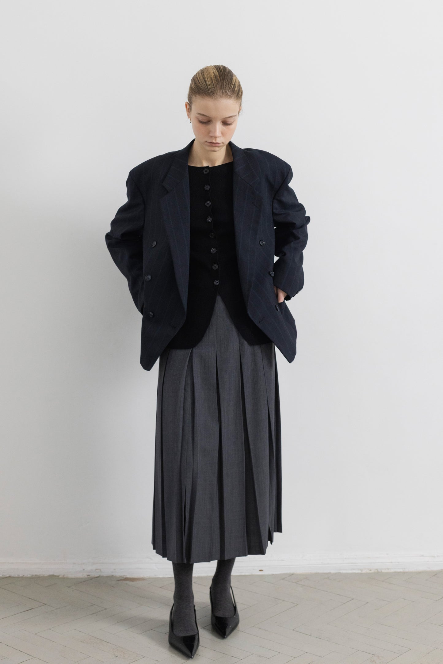 Vintage Cropped Navy Striped Wool Blazer