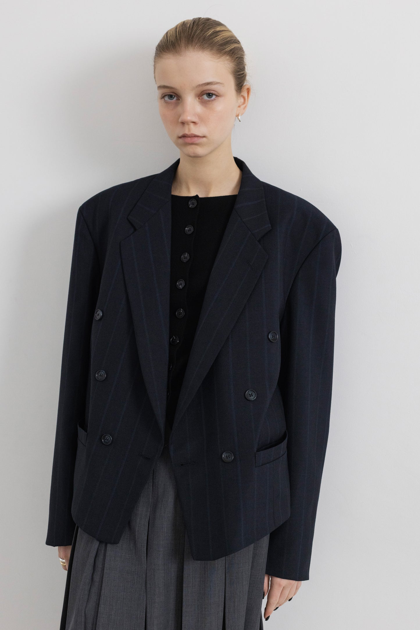 Vintage Cropped Navy Striped Wool Blazer
