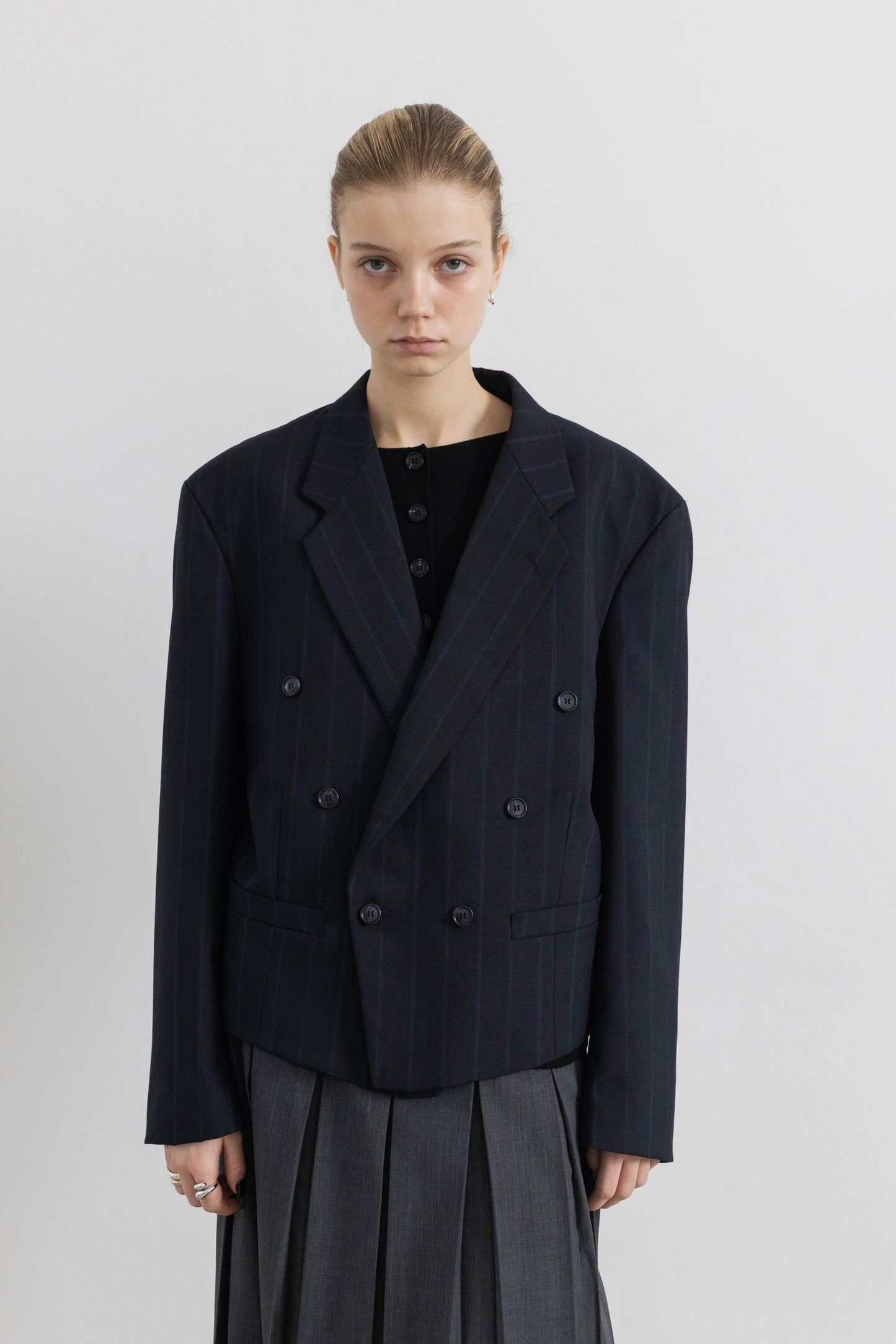 Vintage Cropped Navy Striped Wool Blazer